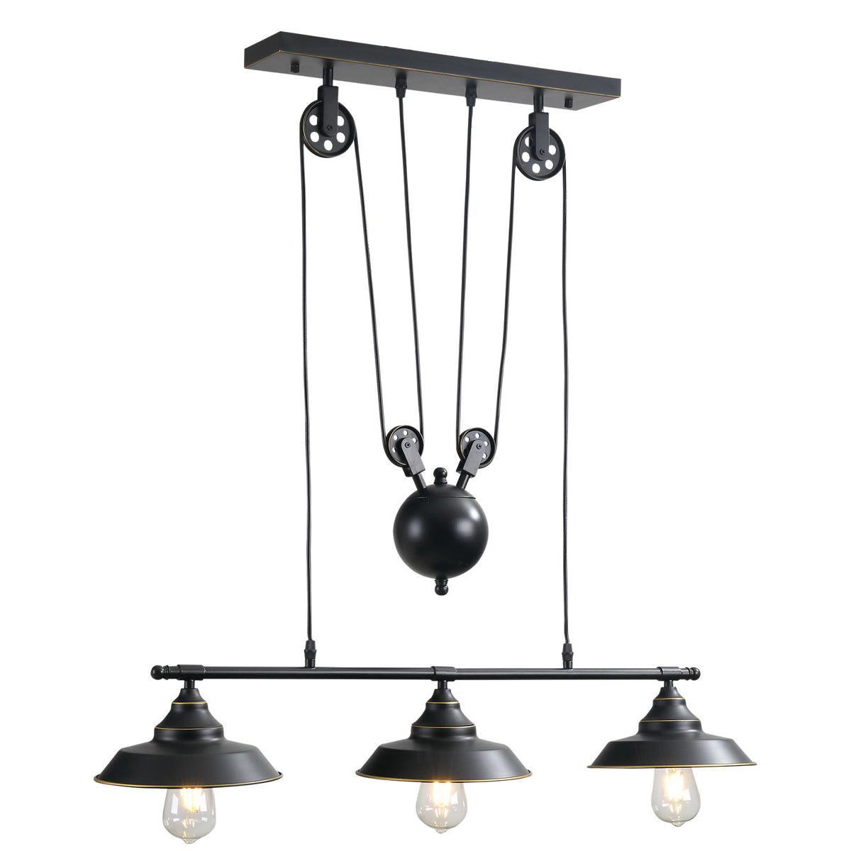 Luminária pendente estilo industrial Candeeiro de Teto Retro com Polias Bola Contrapeso Altura Ajustável 3 Suportes de Lâmpada Convencionais 90x22x89-180 cm Preto — foto 1