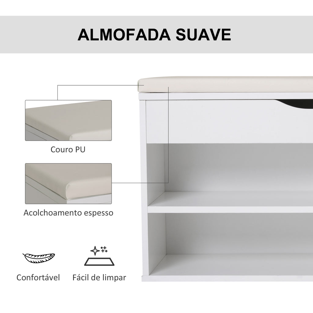 Banco Sapateira com Armazenamento Gaveta Prateleira e Assento Acolchoado para Entrada Estilo Moderno 80x30x47cm Branco — foto 6