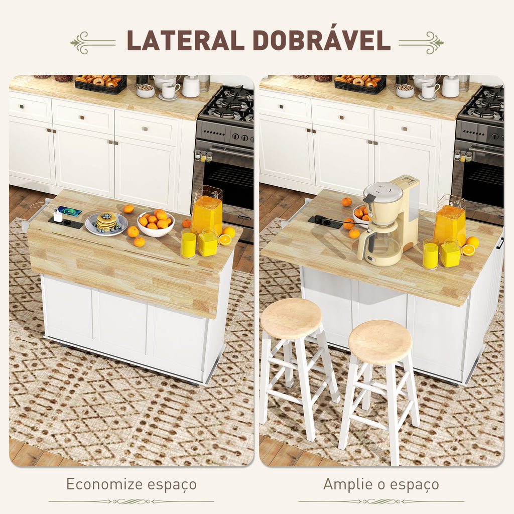 Ilha de Cozinha com Rodas Carrinho de Cozinha com Tomada USB Bancada Rebatível 2 Gavetas 2 Portas Prateleira Ajustável Porta-Temperos e Toalheiro 119,5x74x94,5 cm Branco — foto 4