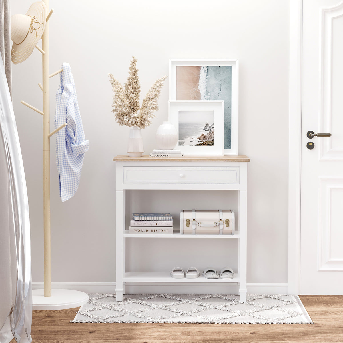 Mesa Consola Estilo Rétro Consola para Sala de Estar Corredor com 2 Prateleiras e 1 Gaveta 75,6x27,5x80,5 cm Branco e Madeira — foto 2