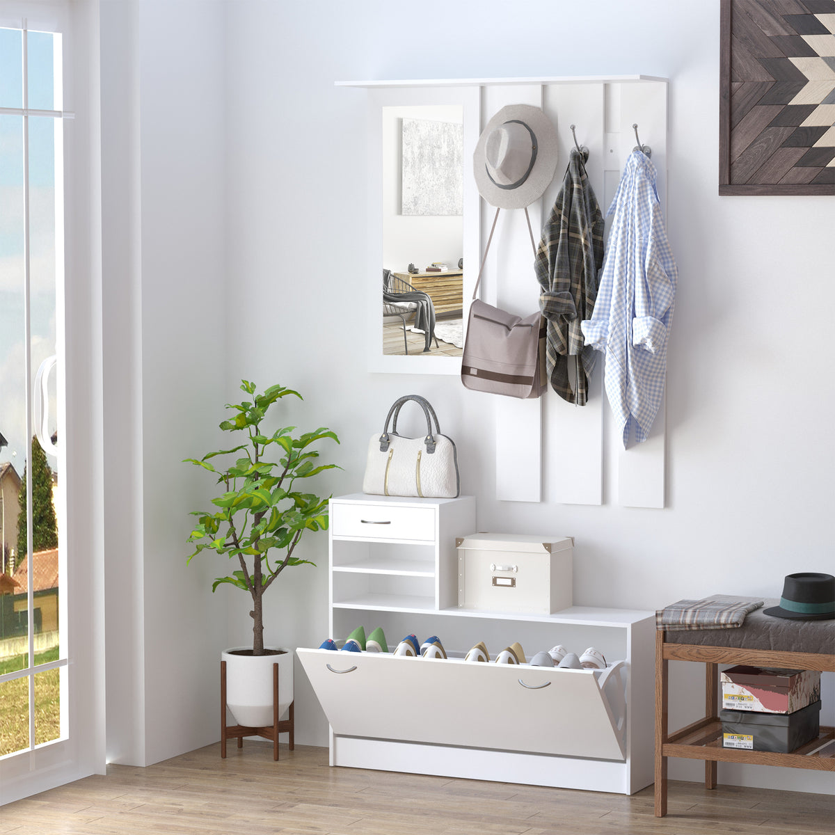 Móvel Cabide de Entrada de 3 Peças Armário de Entrada com Cabide Espelho Sapateira e Gaveta 90x10x102 cm Branco — foto 7