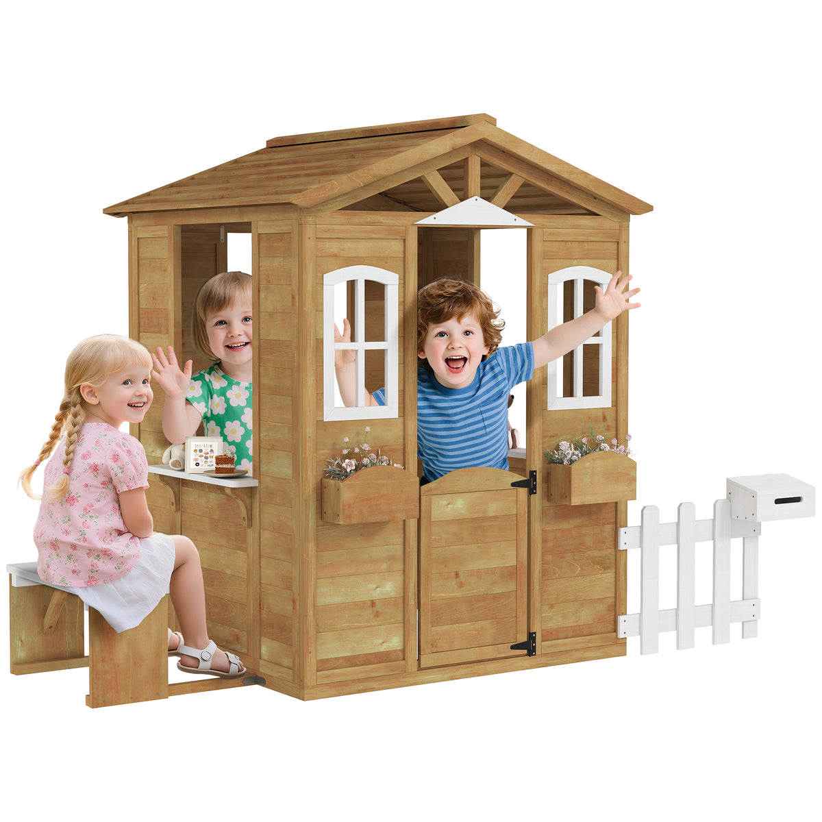 Casa de Madeira para Crianças acima de 3 Anos Casa de Brincar Infantil com Caixa de Correios Banco e Floreira para Interior e Exterior 205x119x140 cm Madeira e Branco — foto 1