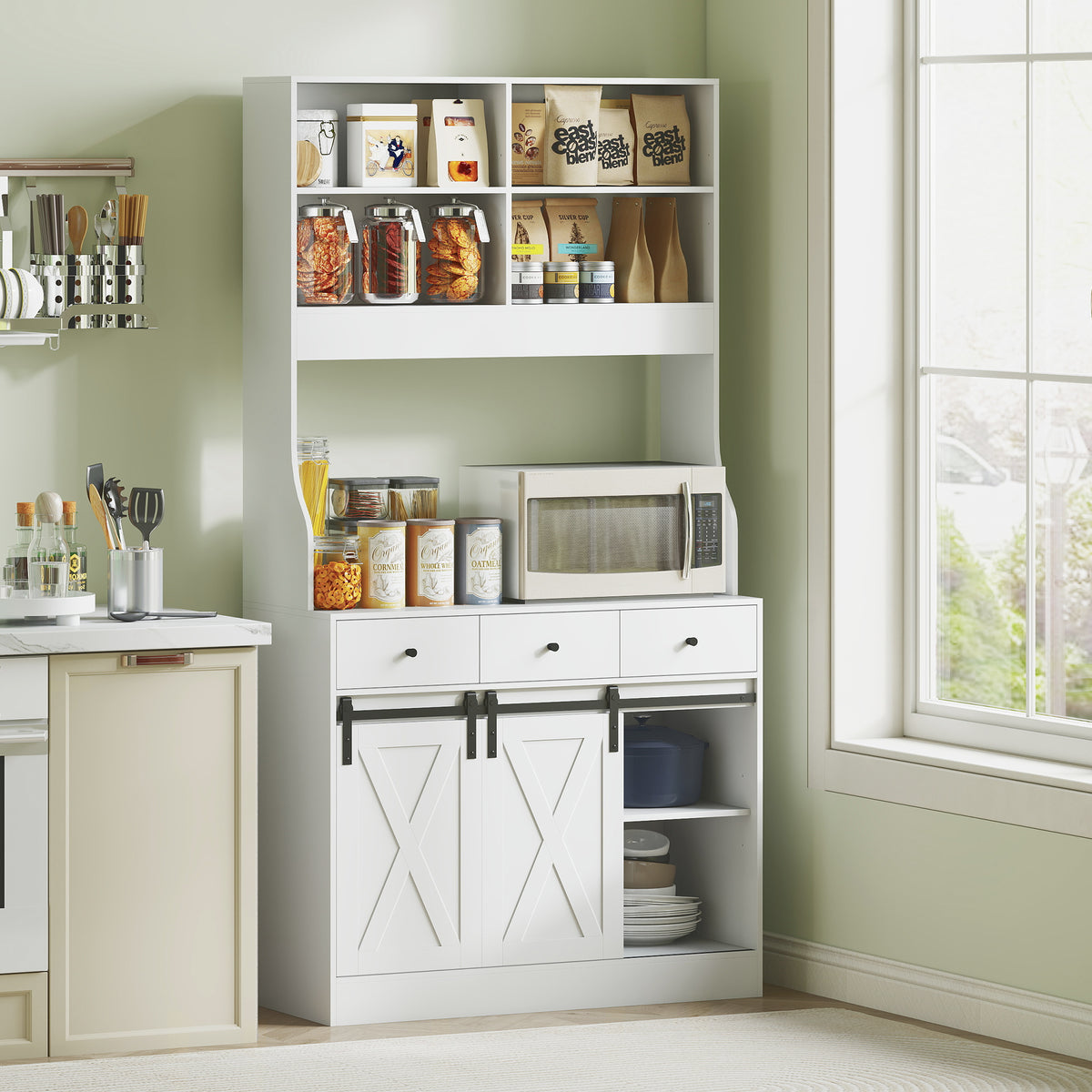 Armário de Cozinha Móvel Auxiliar de Cozinha com 2 Portas Corrediças 3 Gavetas Bancada para Micro-Ondas e Prateleiras Ajustáveis 93,5x40x180 cm Branco — foto 2
