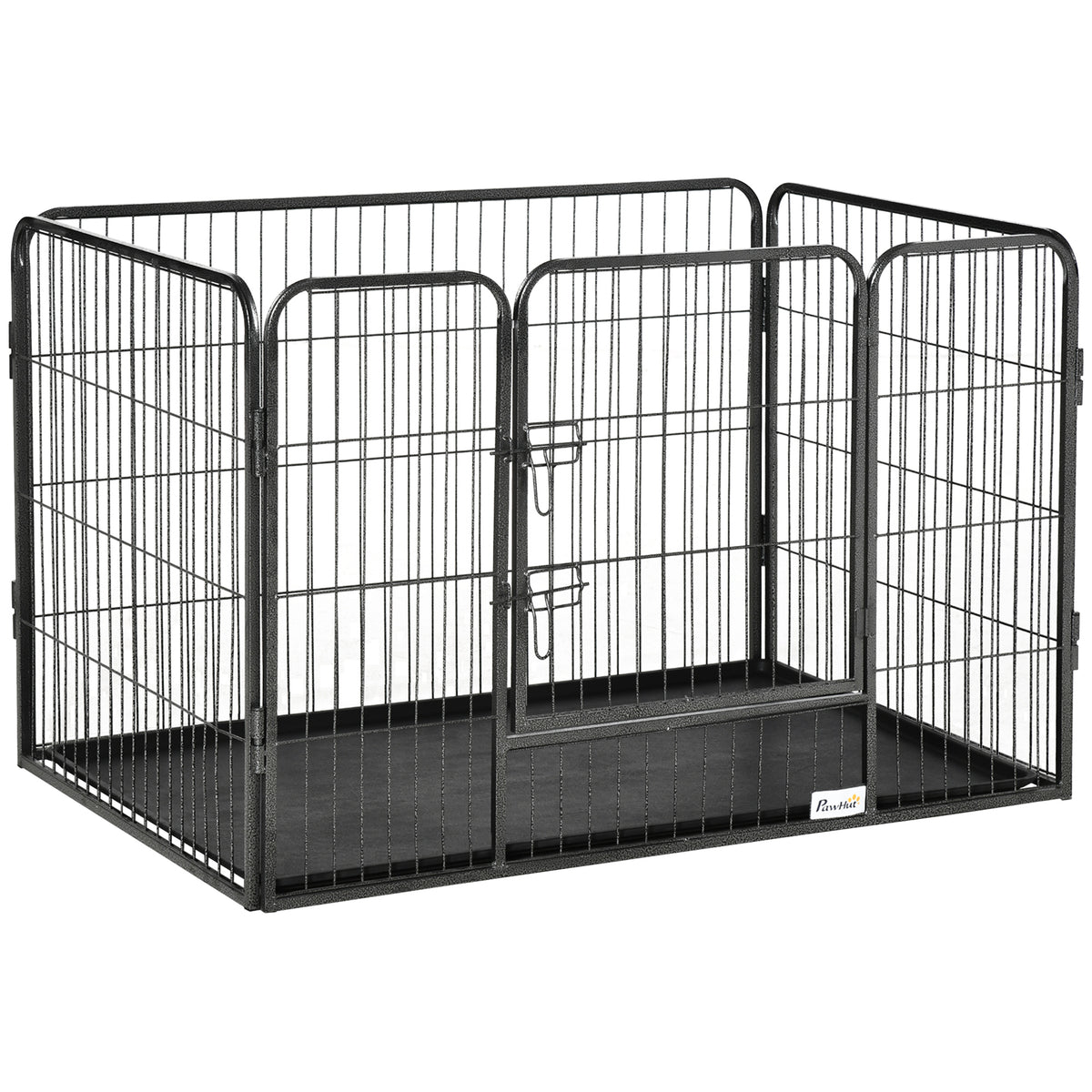 Barreira de Segurança para Animais de Estimação Parque de Diversão para Animais com 4 Painéis de Aço 109x74x71cm com Porta de Trava Dupla e Bandeja Removível para Exterior Interior Cinza — foto 1