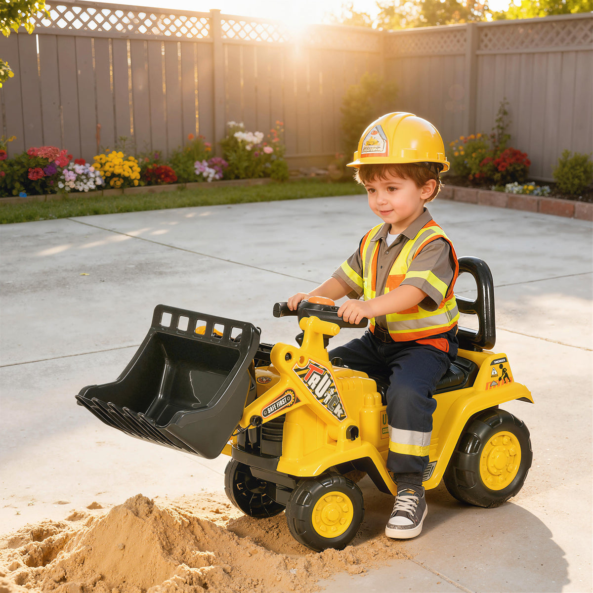 Carro Andador para Crianças de 18 a 48 Meses Escavadora para Crianças com Pá Dianteira Buzina Volante e Compartimento Oculto sob o Assento Carga 30 kg 80x26,5x39 cm Amarelo — foto 2