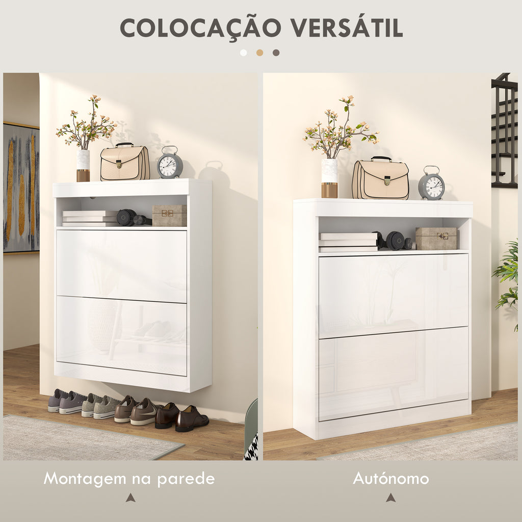 Móvel Sapateira de Entrada Armário Sapateira com Luzes LED Prateleira Aberta e 2 Gavetas Basculantes para 12-16 Pares de Sapatos 80x24x99,5 cm Branco Brilhante — foto 4