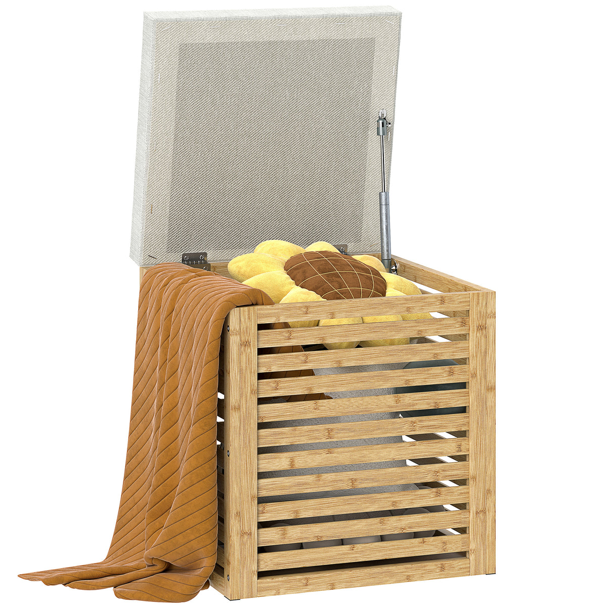 Banco com Armazenamento para Dormitório 57,7L Banco com Arrumação Estofado em Linho Sintético com Estrutura em Bambu para Entrada Sala de Estar 40x40x47 cm Cinza e Madeira — foto 1