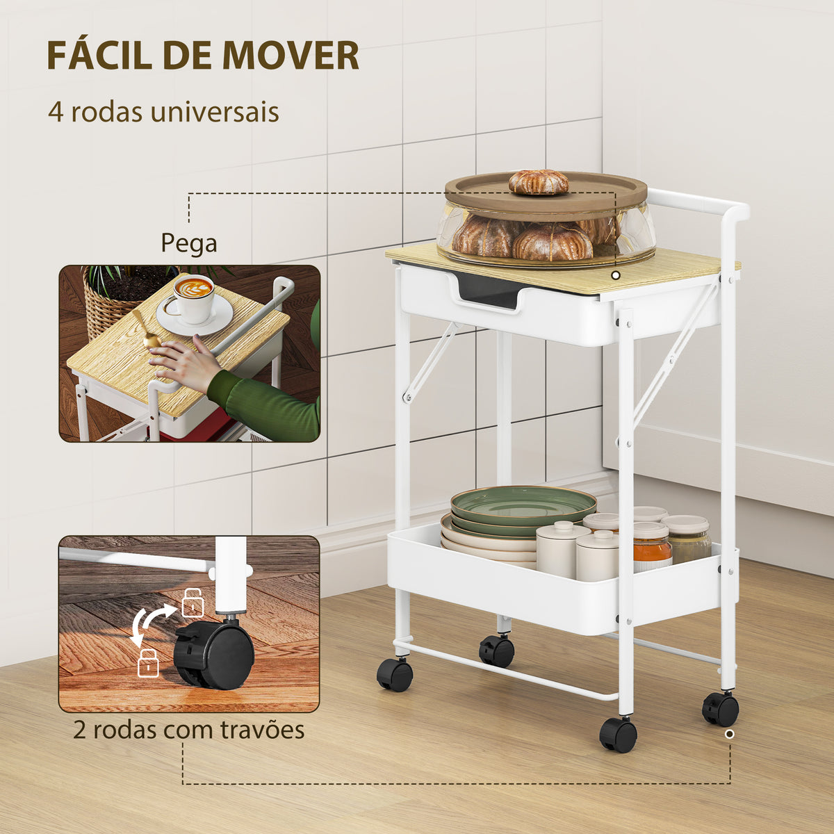 Carrinho Auxiliar com Rodas de 2 Níveis Carrinho de Cozinha com 1 Gaveta e 1 Cesto Carrinho Organizador para Dormitorio Sala Escritório 45x29,5x68 cm Branco — foto 5