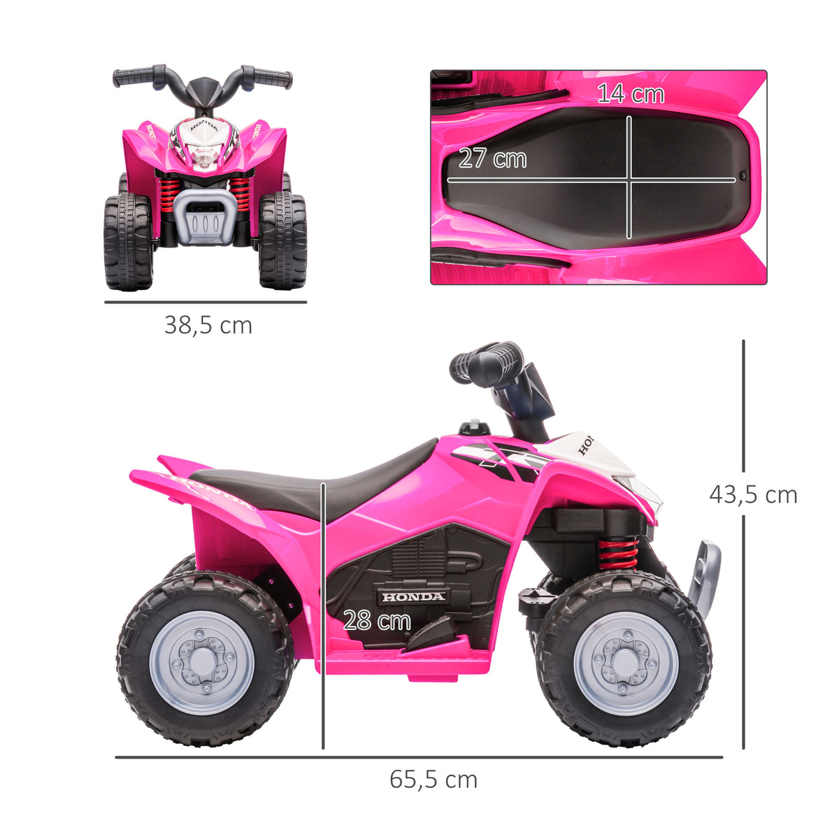 Quadriciclo Elétrico HONDA para Crianças de 18-36 Meses Quadriciclo Elétrico Infantil a Bateria 6V com Faróis LED Buzina Velocidade de 2,8km/h e Avance 65,5x35,5x43,5cm Rosa — foto 3