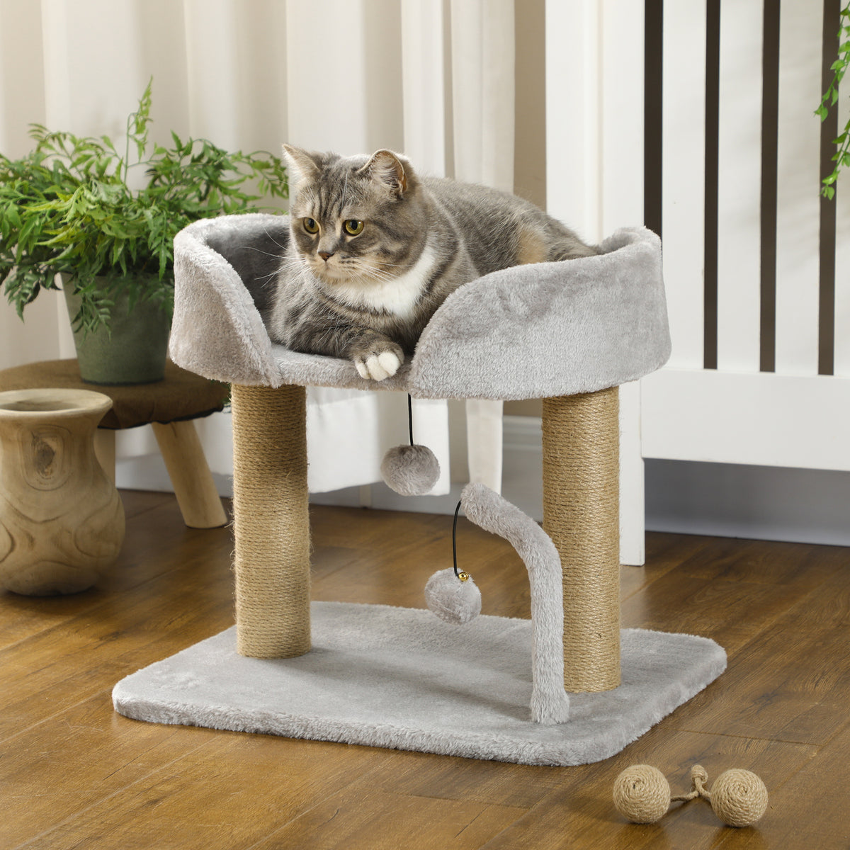 Arranhador para Gatos Pequenos Altura 42 cm Arranhador para Gatos com Cama Bolas Supensas e Postes de Juta 48x38x42 cm Cinza — foto 2
