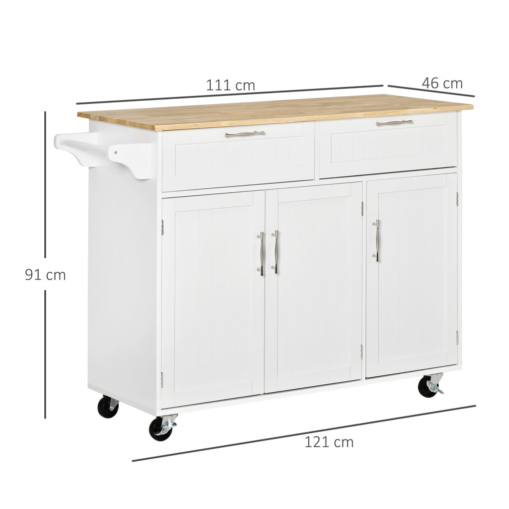 Carrinho de Cozinha com Rodas Carrinho de Cozinha Multiuso com 2 Gavetas 3 Portas Prateleiras Ajustáveis e Barra para Sala de Jantar 121x46x91cm Branco e Madeira — foto 3