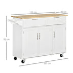 Carrinho de Cozinha com Rodas Carrinho de Cozinha Multiuso com 2 Gavetas 3 Portas Prateleiras Ajustáveis e Barra para Sala de Jantar 121x46x91cm Branco e Madeira — foto 3