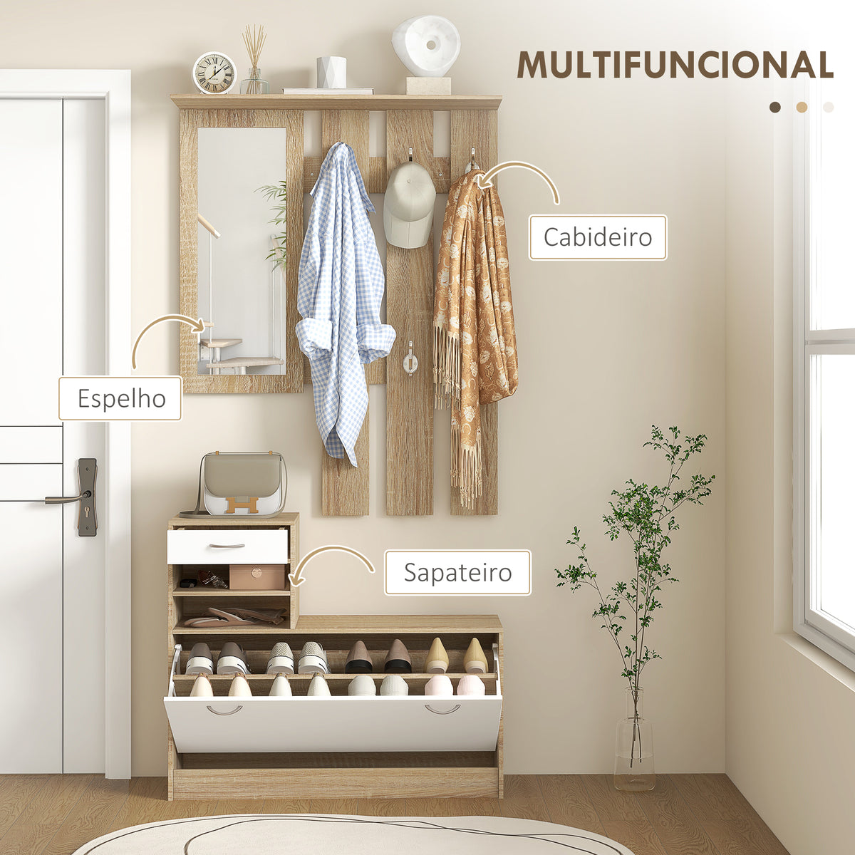Móvel Cabide de Entrada de 3 Peças Armário de Entrada com Cabide Espelho Sapateira e Gaveta 90x10x102 cm Branco e Madeira — foto 4