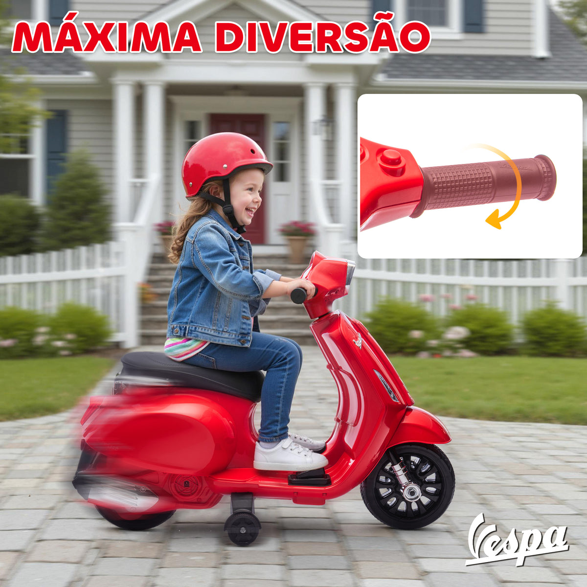 Mota Elétrica para Crianças 6V com Licença Vespa Mota Elétrica Infantil com Rodas Auxiliares Velocidade de 2,5km/h Farol e Buzina para Crianças de 2-6 Anos 71x37x52 cm Vermelho — foto 5