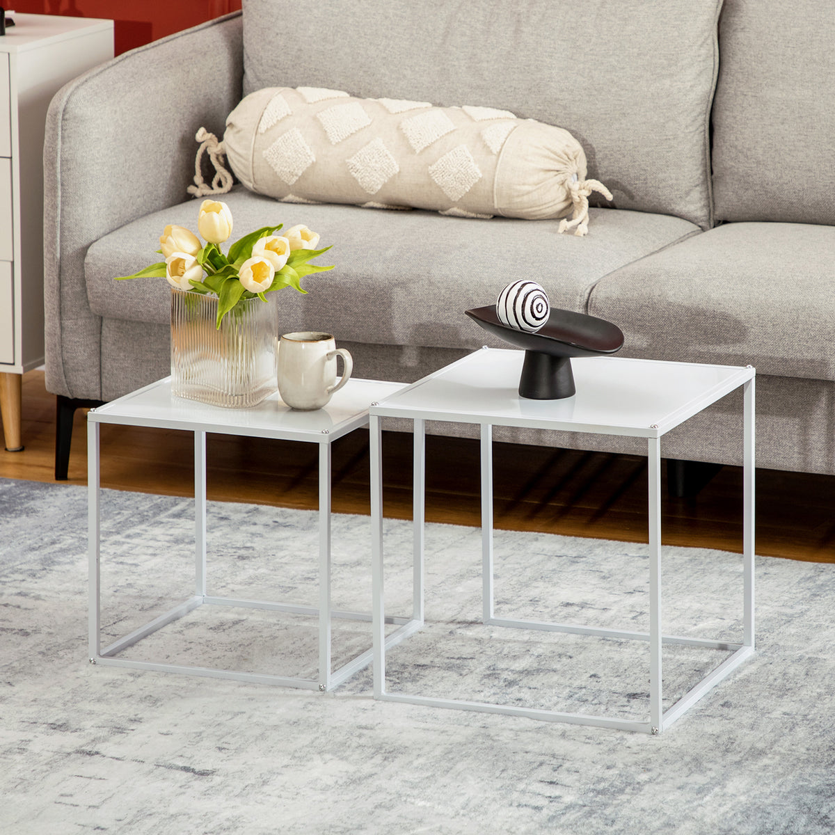 Conjunto de 2 Mesas Mesas de Centro Quadradas para Sala de Estar Estrutura de Aço para Quarto e Escritório Grande 40 cm Pequena 35 cm Branco — foto 2