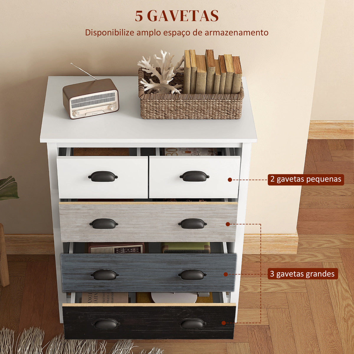 Cómoda com 5 Gavetas Cómoda para Dormitório Moderna com Desenho Anti-Tombo Cómoda para Sala de Estar Corredor 70x38x85 cm Branco — foto 4