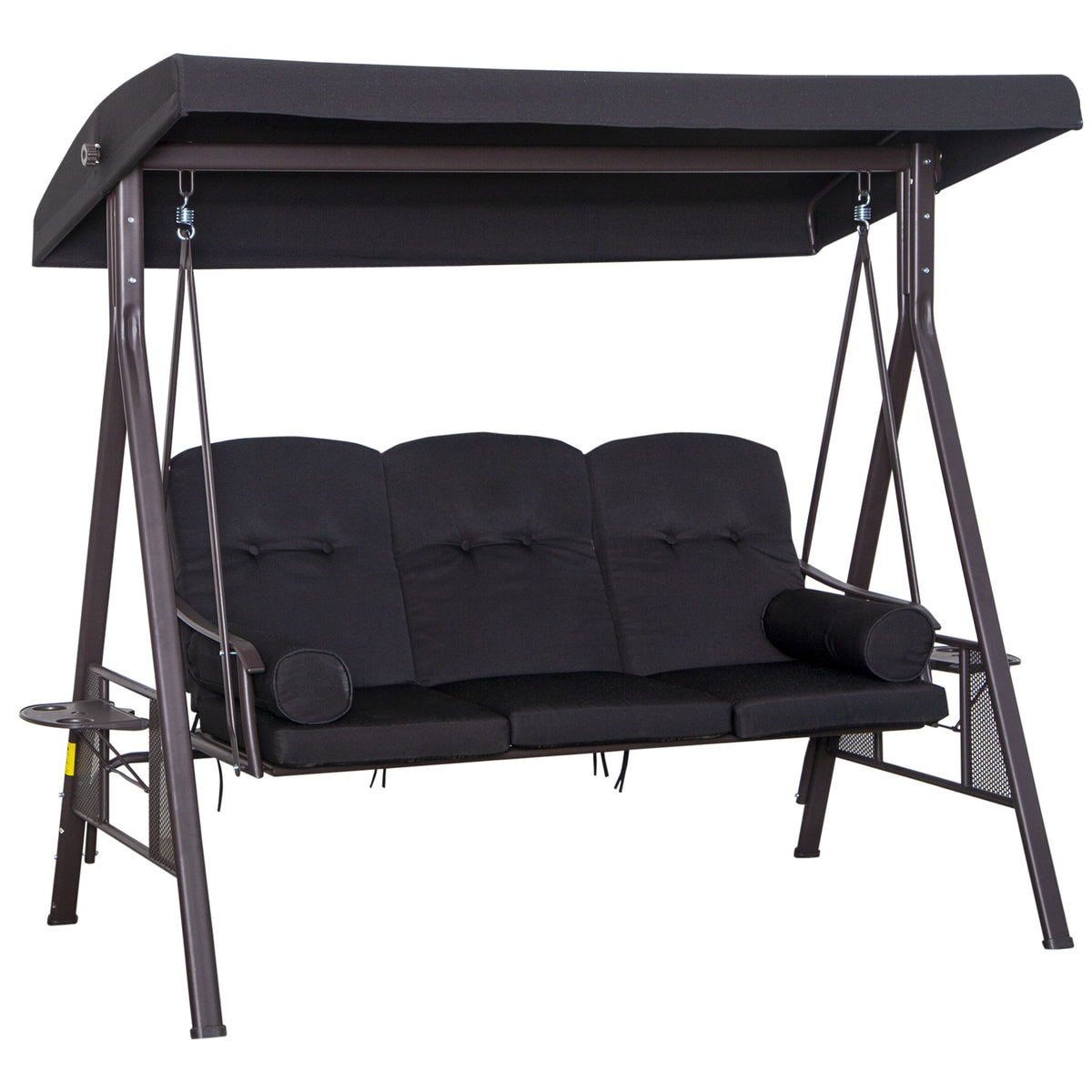 Banco Baloiço de Jardim de 3 Lugares com Teto 2 Almofadas Suporte para Bebidas e Estrutura de Metal para Terraço Balcão Exterior Carga Máxima 360kg 206x116x183 cm Preto — foto 1