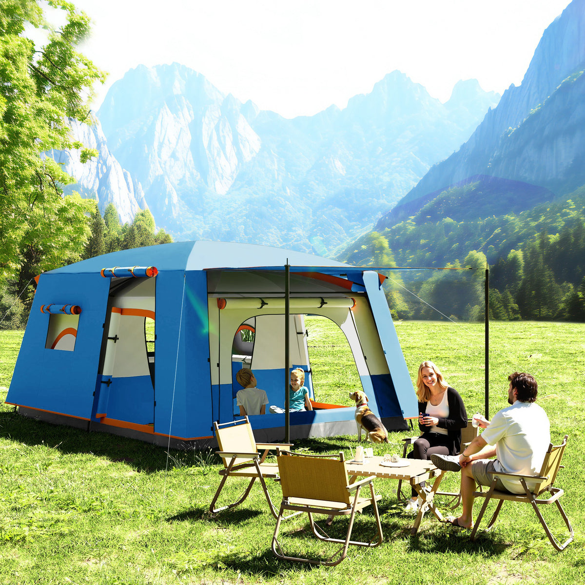 Tenda de Campismo Familiar para 4-6 Pessoas Tenda de Campismo Tipo Túnel com 2 Quartos Alpendre Impermeável 3000 mm Anti-UV para Pesca Caminhadas 430x305x195 cm Azul — foto 2