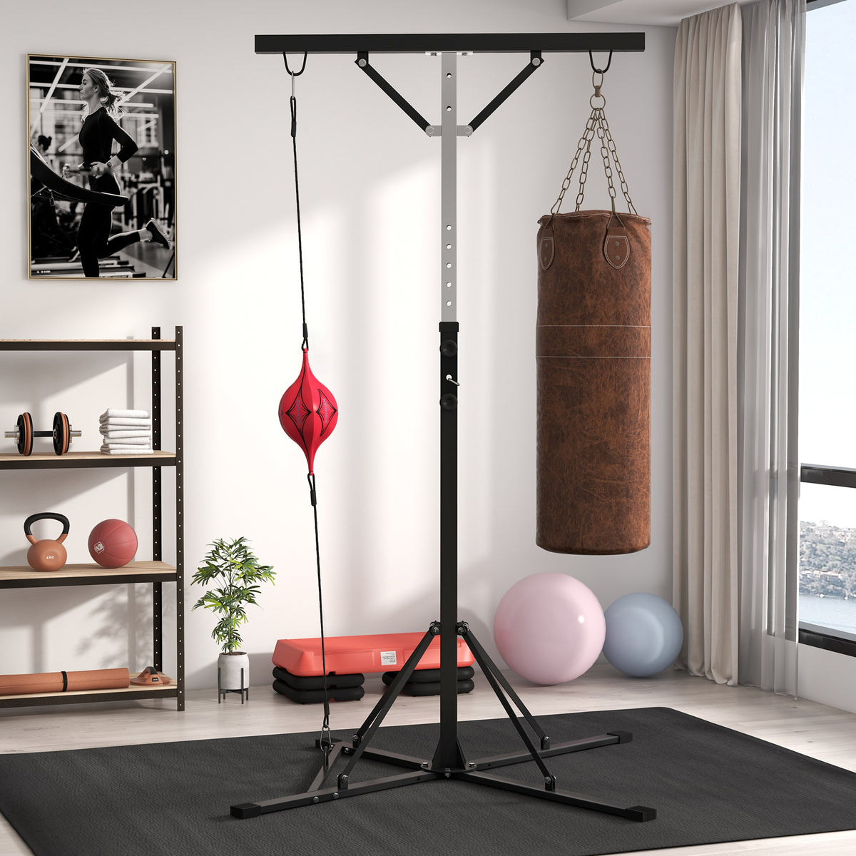 Suporte para saco de pancadas, ajustável em altura, com speedball, estrutura metálica, 160L x 145B x 175-220H cm, preto — imagem 3