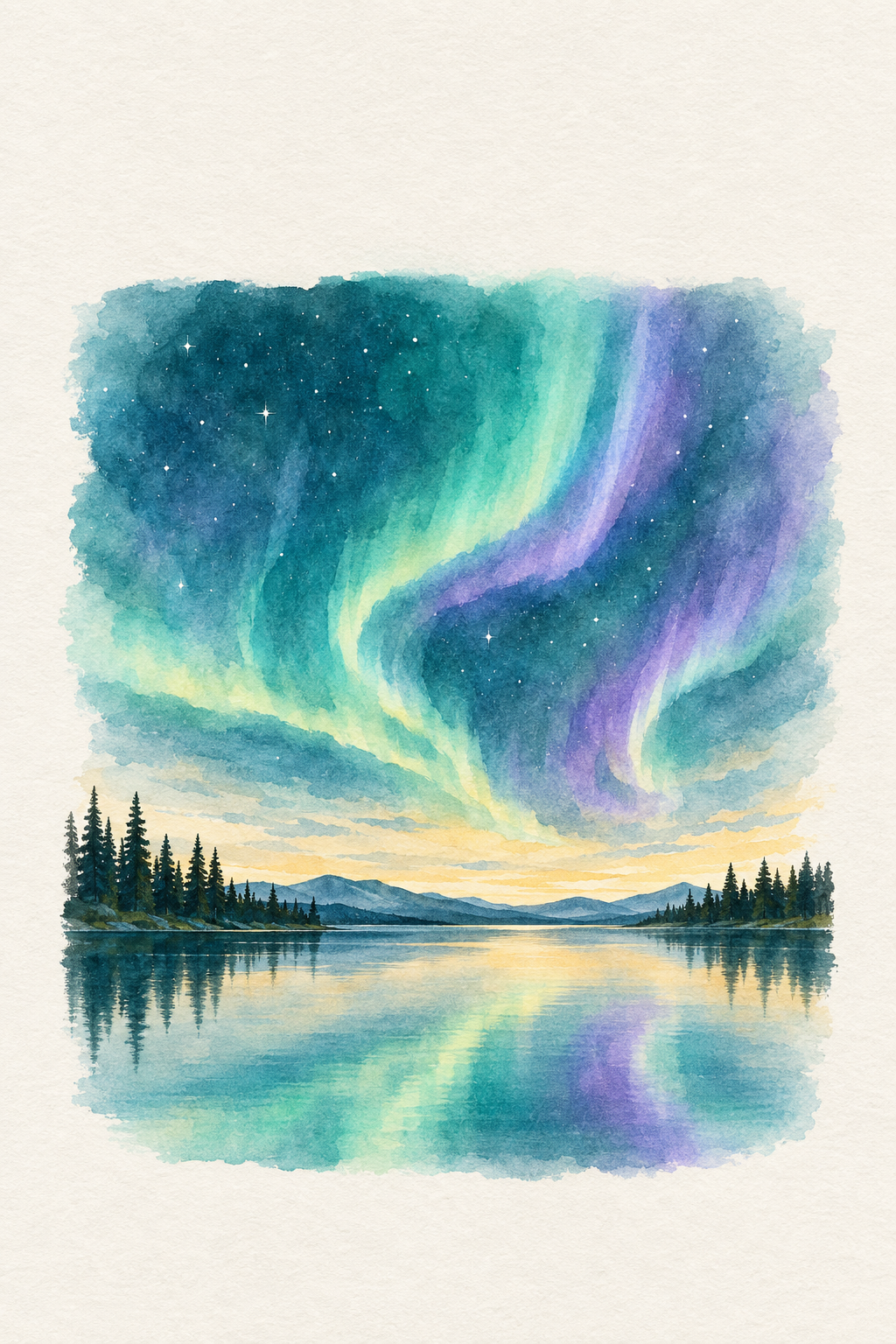 Aurora boreal · Aguarela · quadro constelações — celeste-aurora-boreal-aguarela_ver