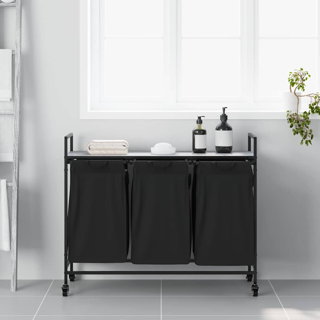 Cesto de roupa suja com 3 compartimentos e rodas, cinzento, modelo Sonoma — foto 3