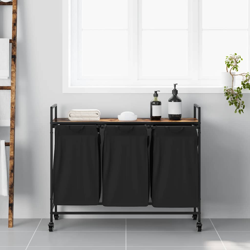 Cesto de roupa suja com 3 compartimentos e rodas, cor carvalho defumado — foto 3