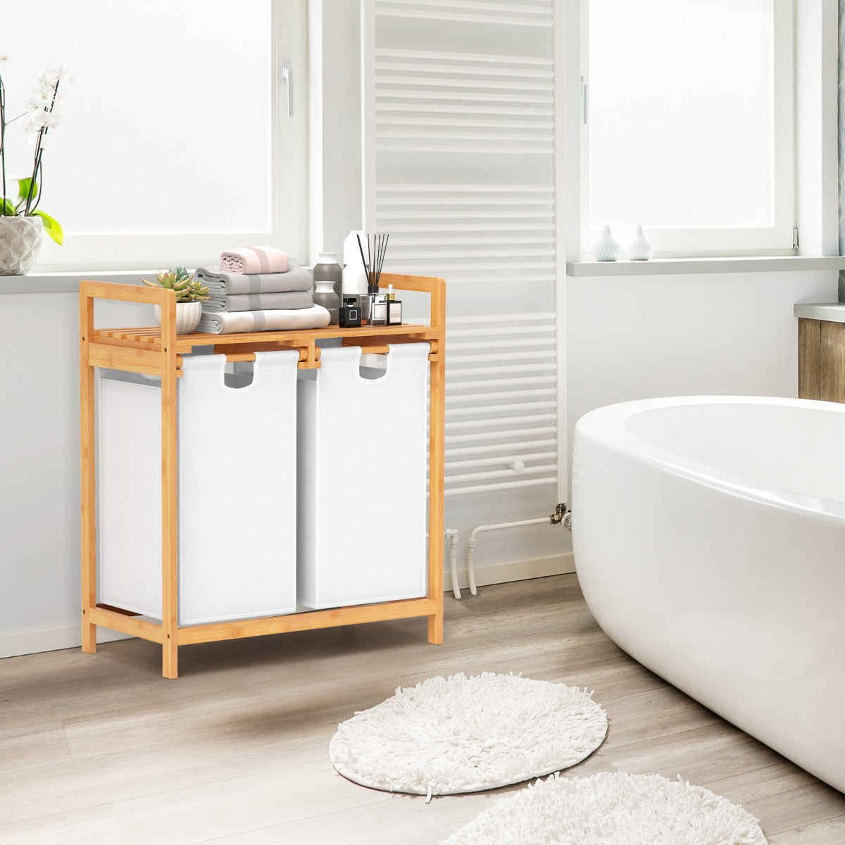 Cesto de Roupa Suja em Bambu com Duplo Compartimento e Bolsas Removíveis 64 x 33 x 73 cm – Branco — foto 1