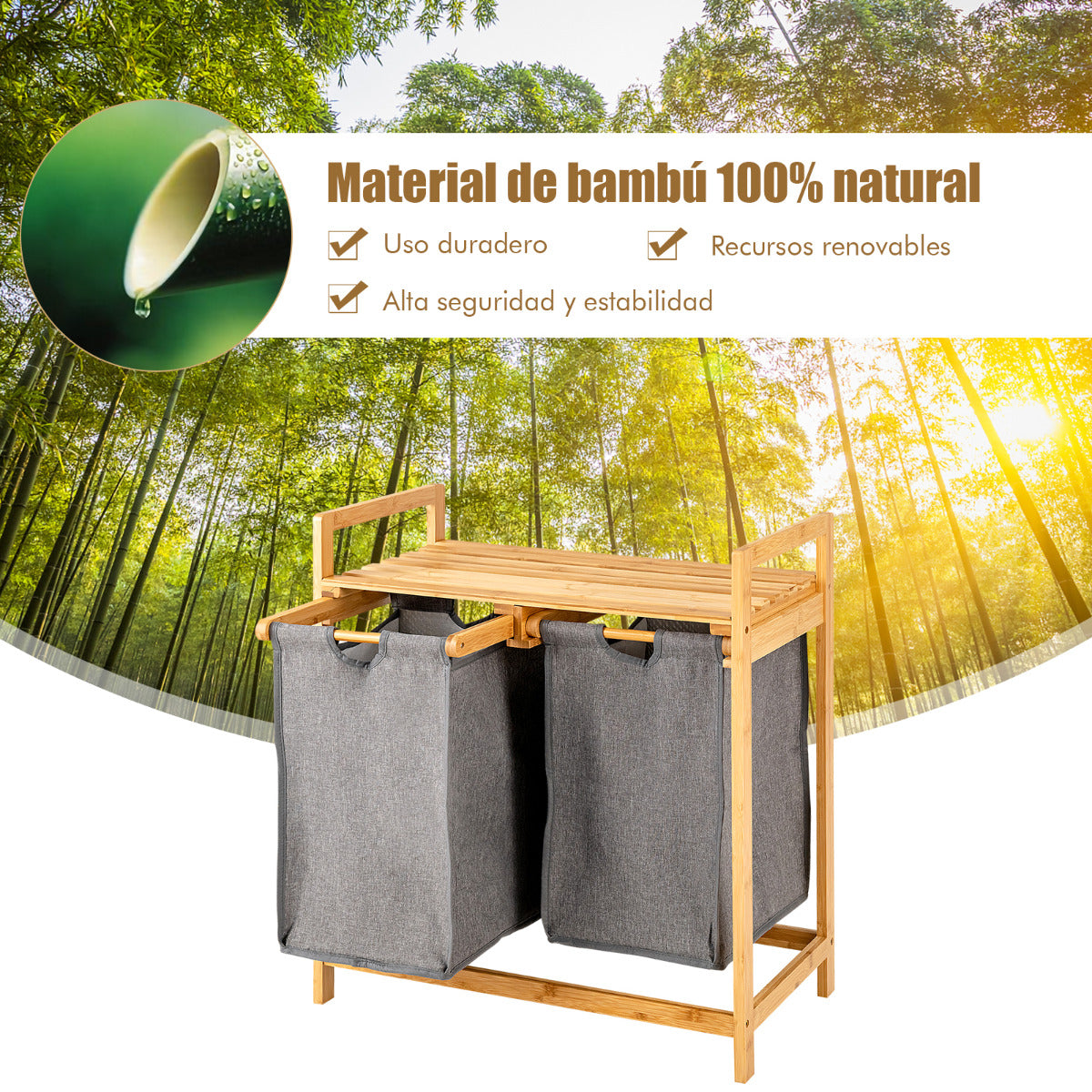 Cesto de Roupa Suja em Bambu com Duplo Compartimento e Bolsas Removíveis 64 x 33 x 73 cm – Natural — foto 6