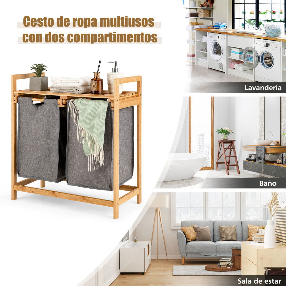 Cesto de Roupa Suja em Bambu com Duplo Compartimento e Bolsas Removíveis 64 x 33 x 73 cm – Natural — foto 8