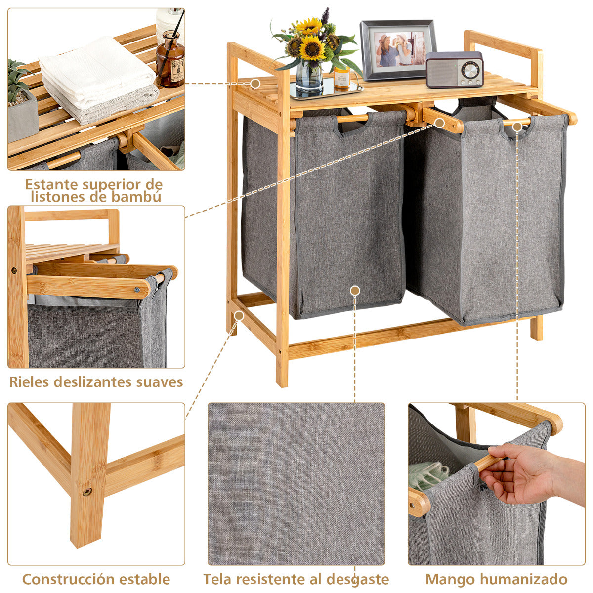 Cesto de Roupa Suja em Bambu com Duplo Compartimento e Bolsas Removíveis 64 x 33 x 73 cm – Natural — foto 9