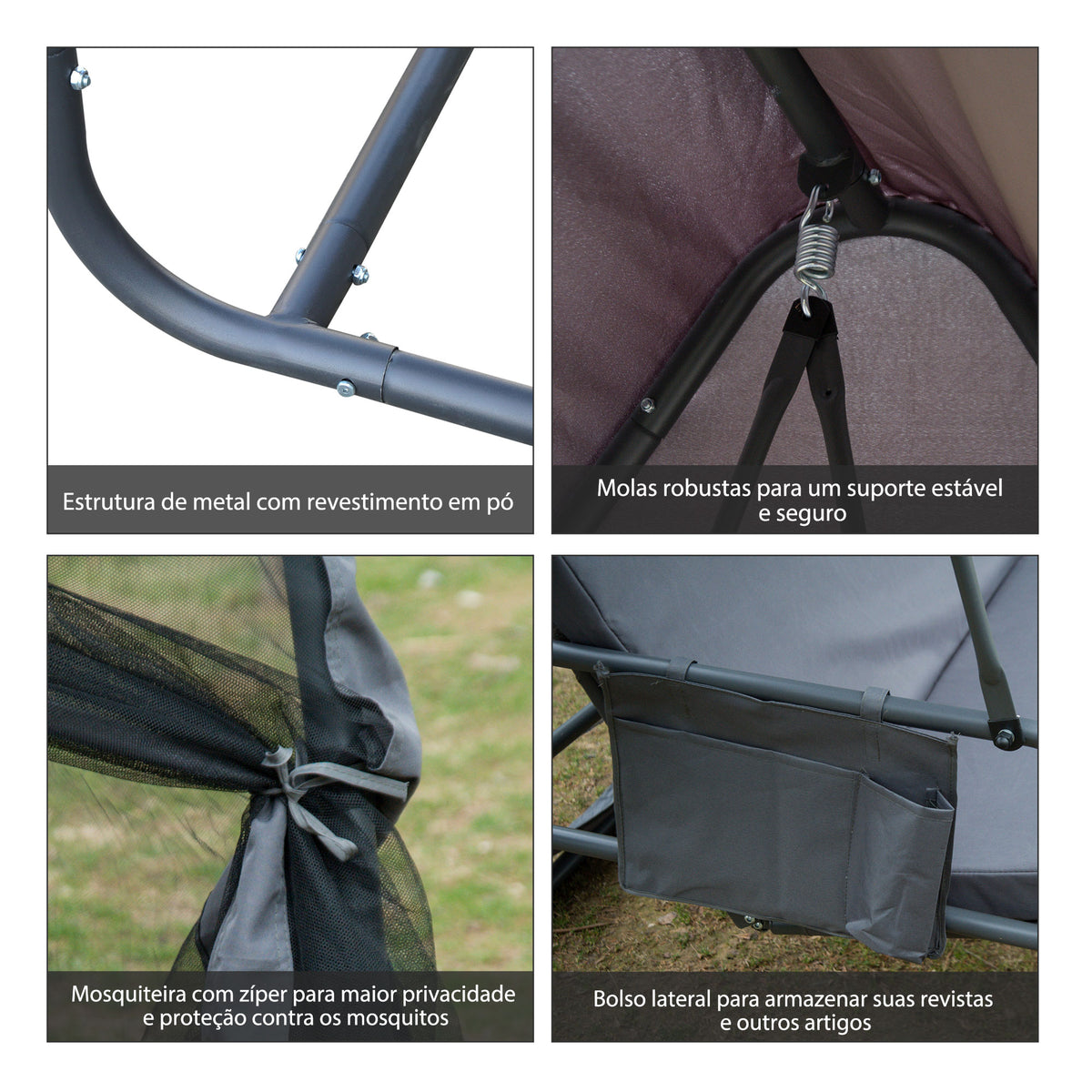 Baloiço de Jardim de 3 Lugares Convertível em Cama com Rede Mosquiteira para Terraço Balcão Exterior Carga Máxima 300kg 240x140x197cm Cinza — foto 5