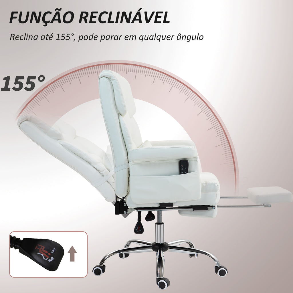 Cadeira de Massagem com 6 Pontos de Massagem Cadeira de Escritório com Apoio para os Pés Retrátil Altura Ajustável Controlo Remoto e Suporte Lombar Estofado em PU 69x65x107-115 cm Branco — foto 6