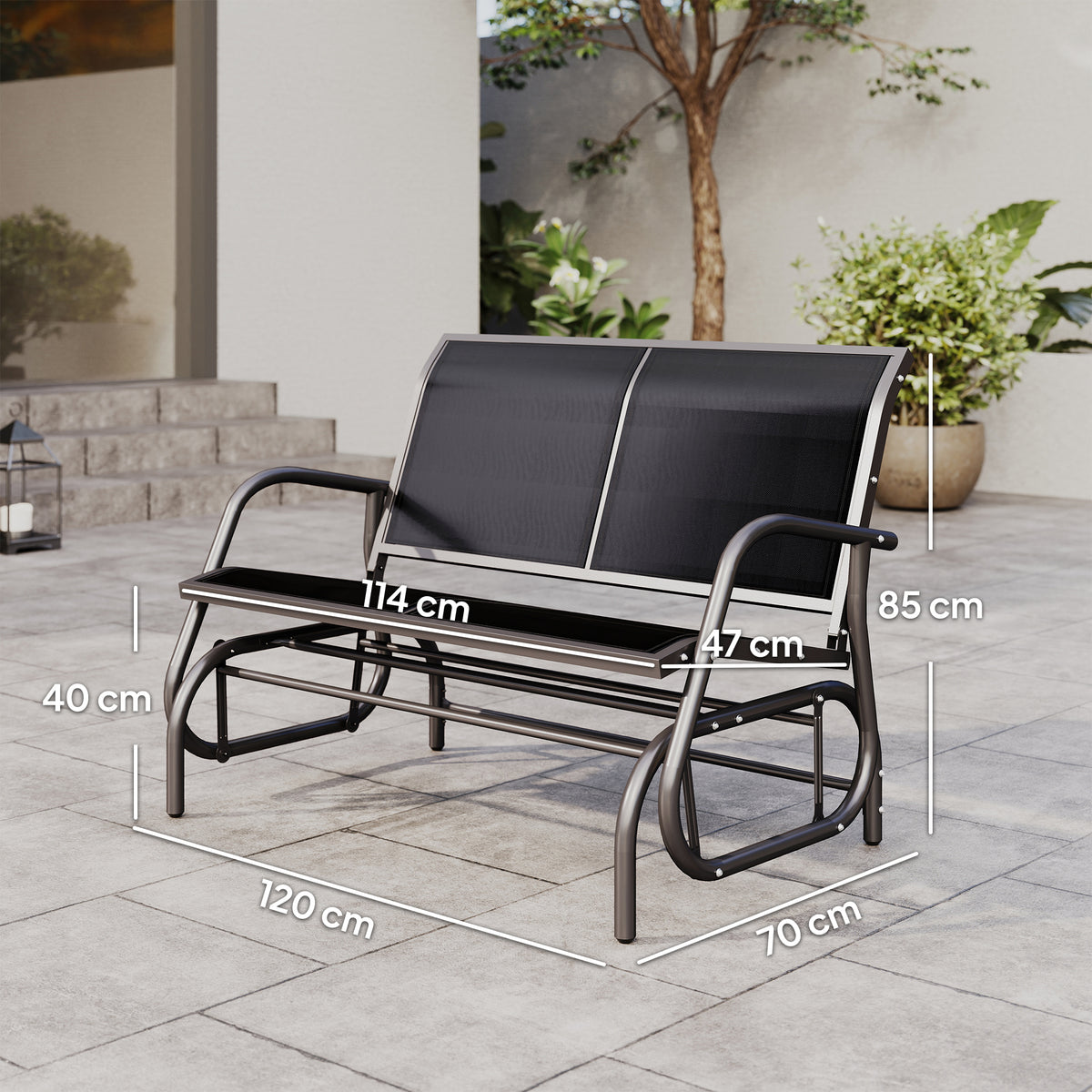 Baloiço de 2 Lugares Cadeira de Balanço de Jardim Tubo de Metal e Tecido de Textilene para Exteriores Carga Máx. 200 kg 120x70x85 cm Preto — foto 3