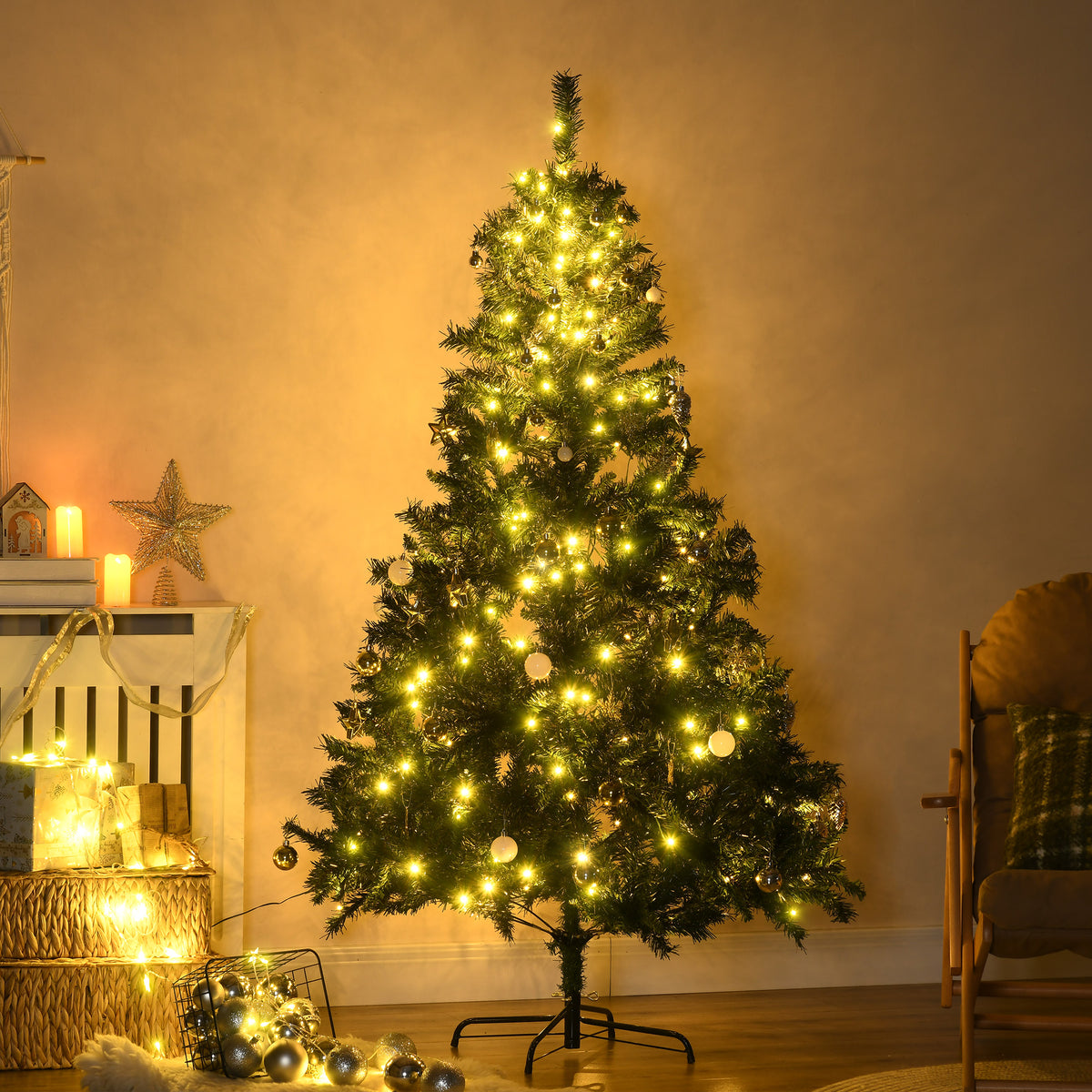 Árvore de Natal Artificial 180cm Árvore de Natal com 745 Ramos 200 Luzes LED com Cor Branco Quente Suporte e Decorações Incluídas Ø112x180cm Verde — foto 2