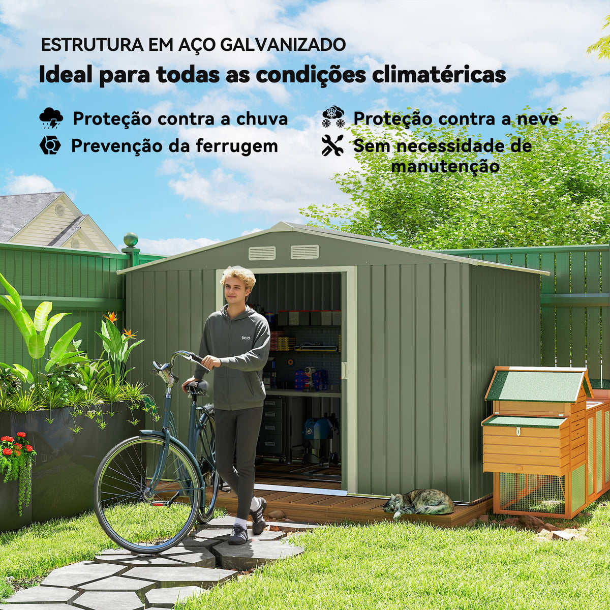 Abrigo de Jardim 4,83m² 277x195x192cm Abrigo e Jardim Metálico para Armazenamento de Ferramentas com Base de Reforço Incluída e 4 Janelas Verde Claro — foto 4