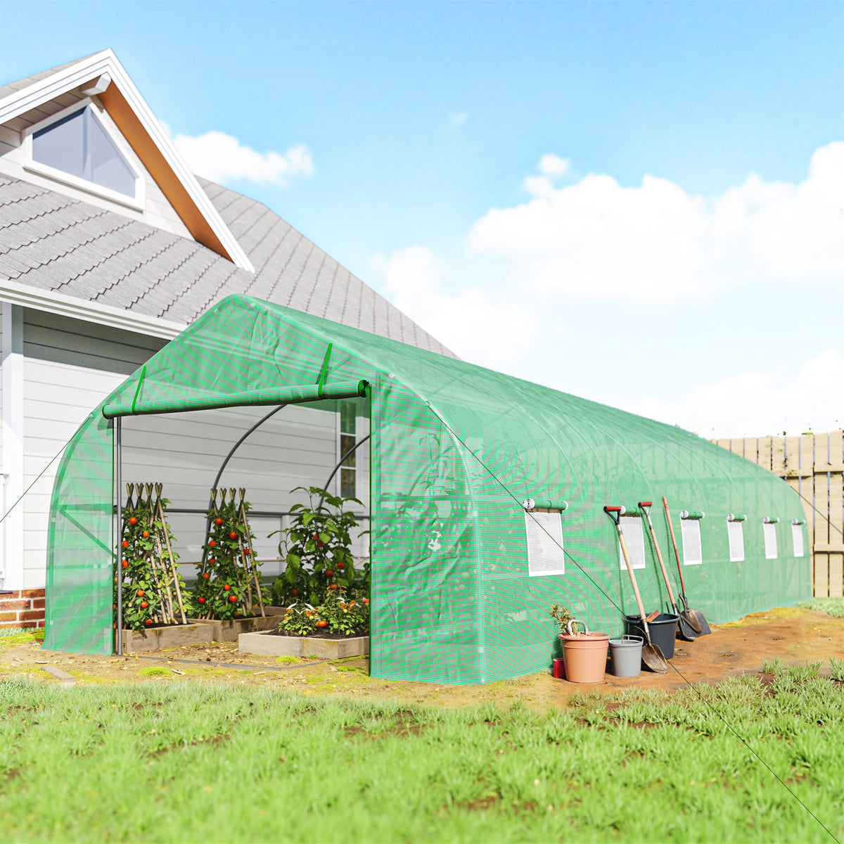 Estufa Tipo Túnel 800x300x200cm com 12 Janelas e Porta Enrolável Cobertura de PE 140g/m² e Aço Teto Pontiagudo para Cultivo de Plantas Verduras Verde — foto 2