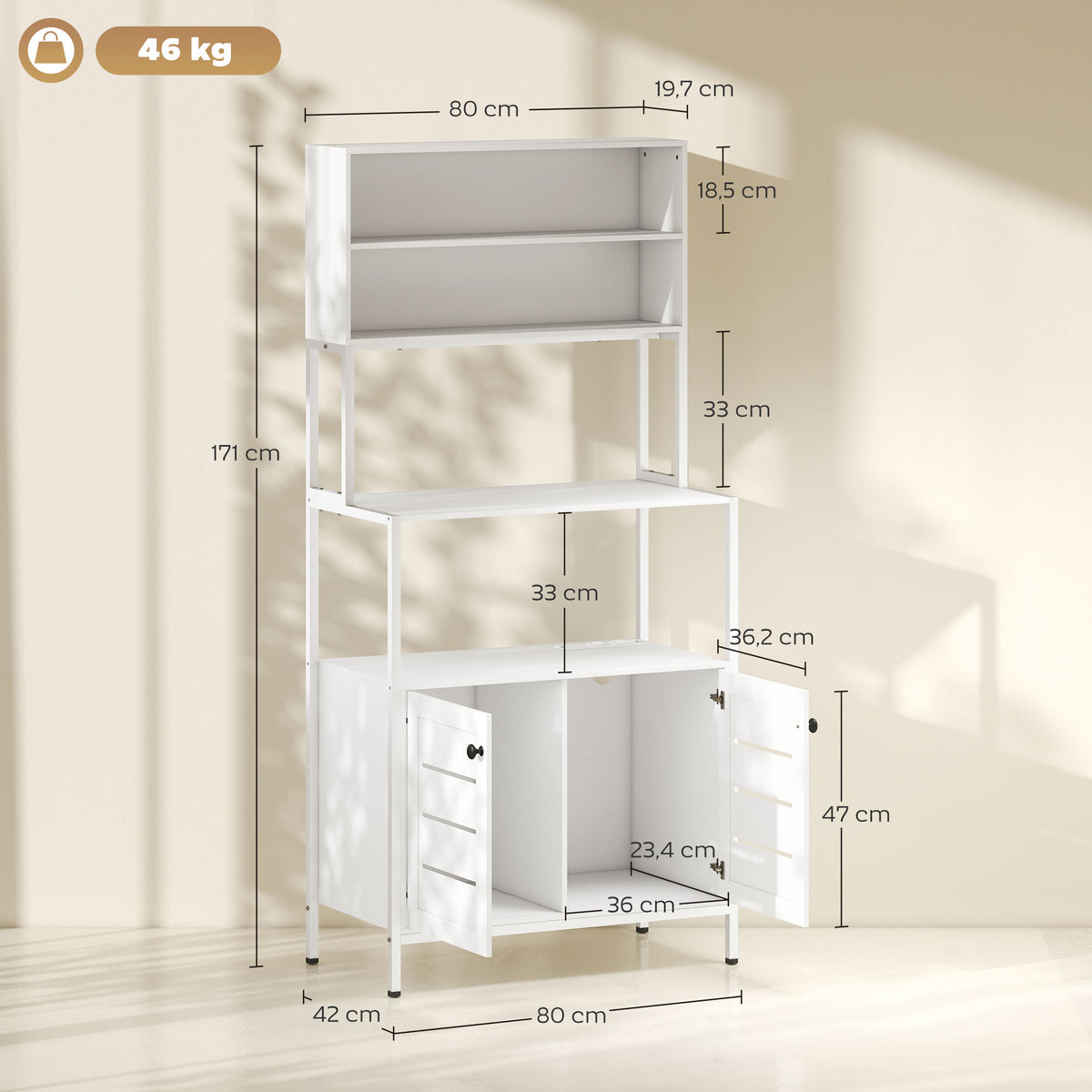 Armário de Cozinha com Tomada de Corrente Suporte para Micro-Ondas Estante de Cozinha com 2 Portas 2 Entradas USB e Compartimentos para Sala de Jantar Sala 80x42x171 cm Branco — foto 3