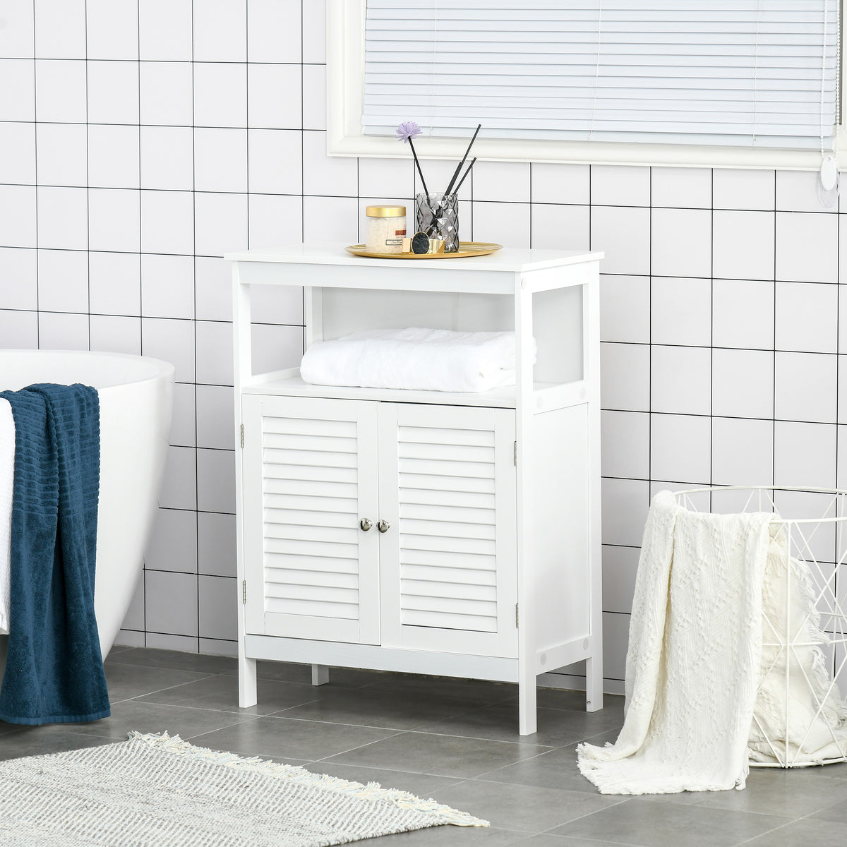 Armário Casa de Banho Móvel Auxiliar Casa de Banho com 2 Portas Persianas e Compartimento Aberto Desenho Moderno 60x30x81,6 cm Branco — foto 2