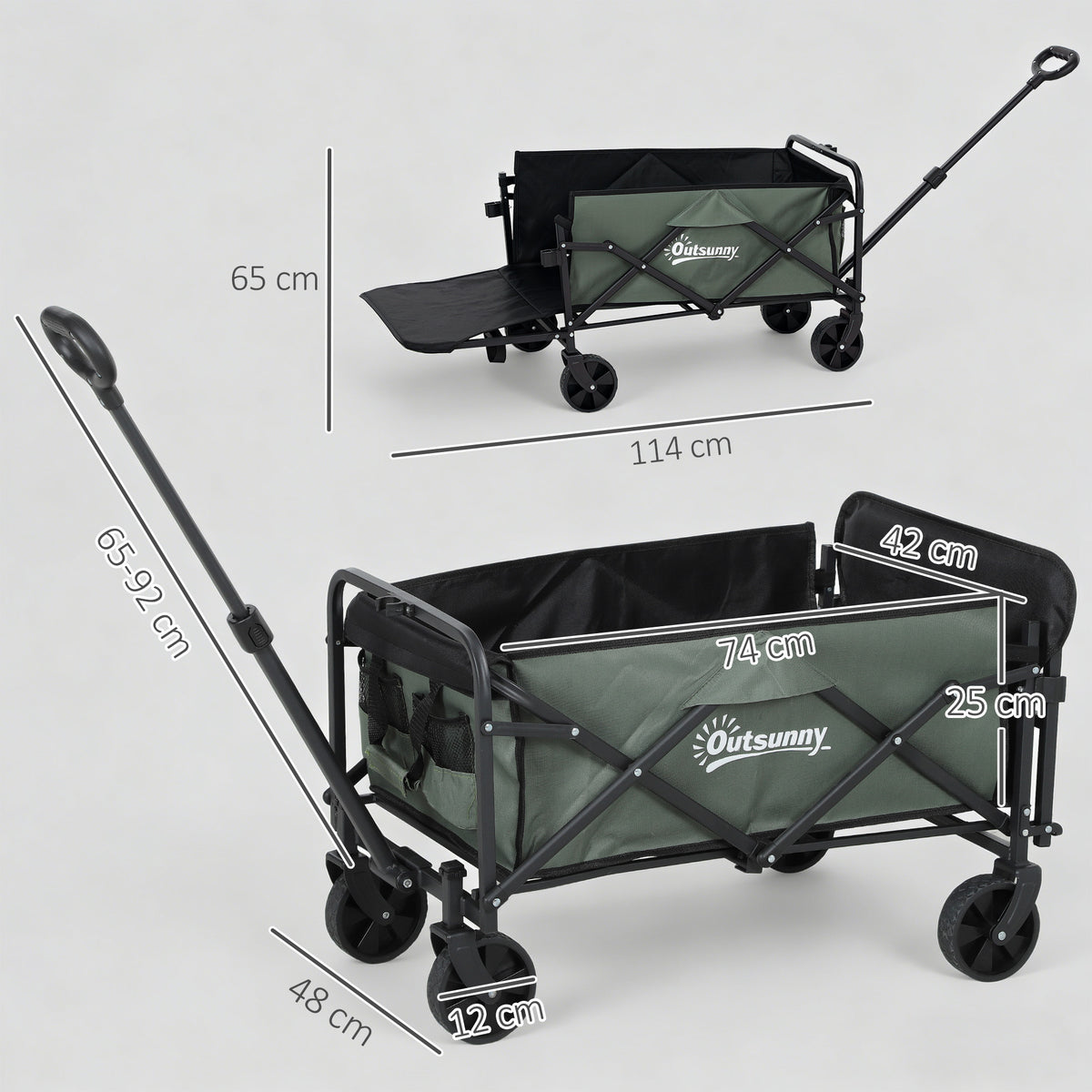 Carrinho de Transporte com Rodas Carrinho de Jardim Dobrável com Puxador Telescópico Ajustável Porta Traseira Expansível Carga 90 kg Carrinho de Praia 114x46x65-92 cm Verde — foto 3