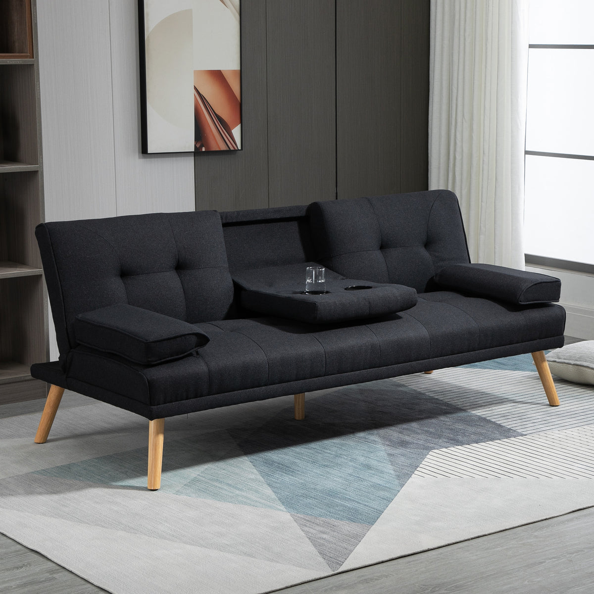 Sofá Cama 3 Lugares Sofá Cama Dobrável com Encosto Ajustável de 3 Níveis Apoio para os Braços Desmontável e 2 Suportes para Copos 181x77x78 cm Cinza — foto 2