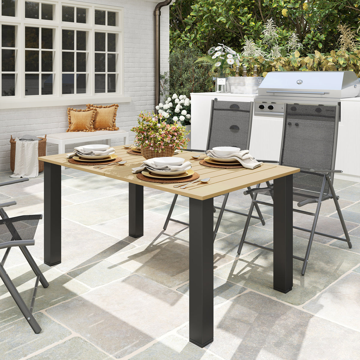Mesa de Jardim Retangular Mesa de Exterior 150x90x73 cm com Pés de Aço Orifício para Chapéu de Sol e Desenho em Ripas Capacidade de Carga de 70 kg para Pátio Marrom Claro — foto 2