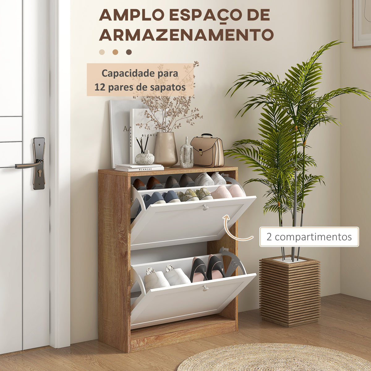 Sapateira Estreita com 2 Portas Sapateira de Entrada com Prateleiras Ajustáveis para 12 Pares de Sapatos para Corredor Espaços Reduzidos 60x24,5x75,5 cm Mdeira e Branco — foto 4