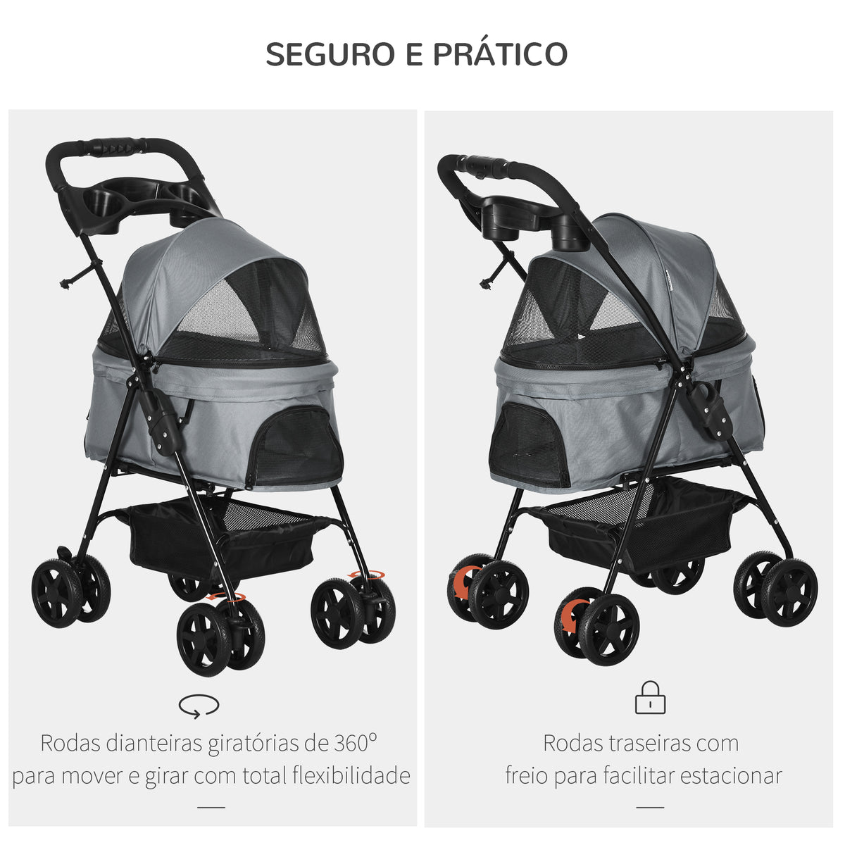 Carrinho de animal de estimação dobrável para cães removível de aço Tecido Oxford Rodas giratórias Freios Janela para gatos pequenos Cães 67x45x96 cm Cinza — foto 5