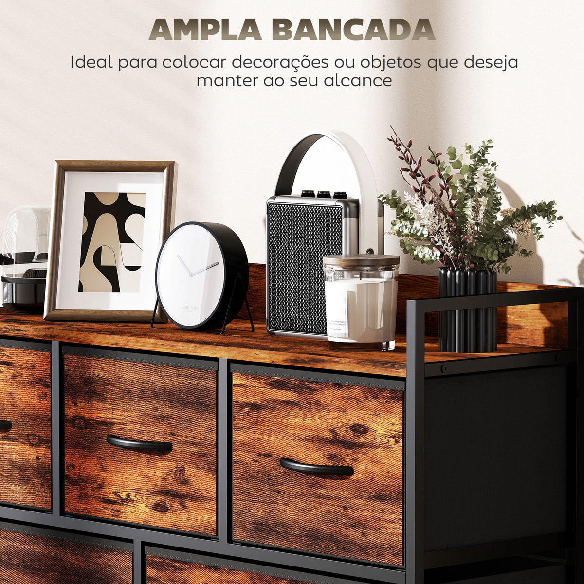 Cómoda com 5 Gavetas de Tecido Cómoda de Estilo Industrial com Estrutura Metálica para Sala de Estar Entrada Quarto 98x29x63 cm Castanho Rústico — foto 5