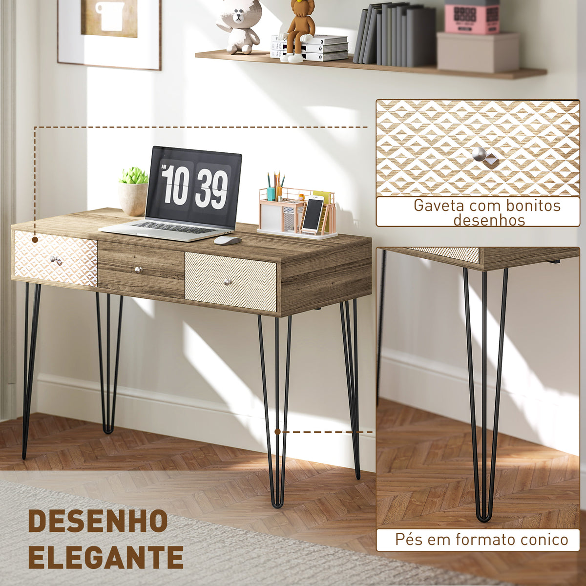 Secretária Estilo Boémio Mesa Secretária com 3 Gavetas e Pés de Ferro para Escritório Dormitório Tocador 105x50x75 cm Madeira — foto 5
