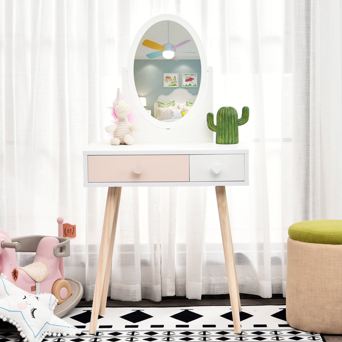 Toucador de Madeira Infantil com Espelho e 2 Gavetas 69x49x136cm Branco e Rosa — foto 2
