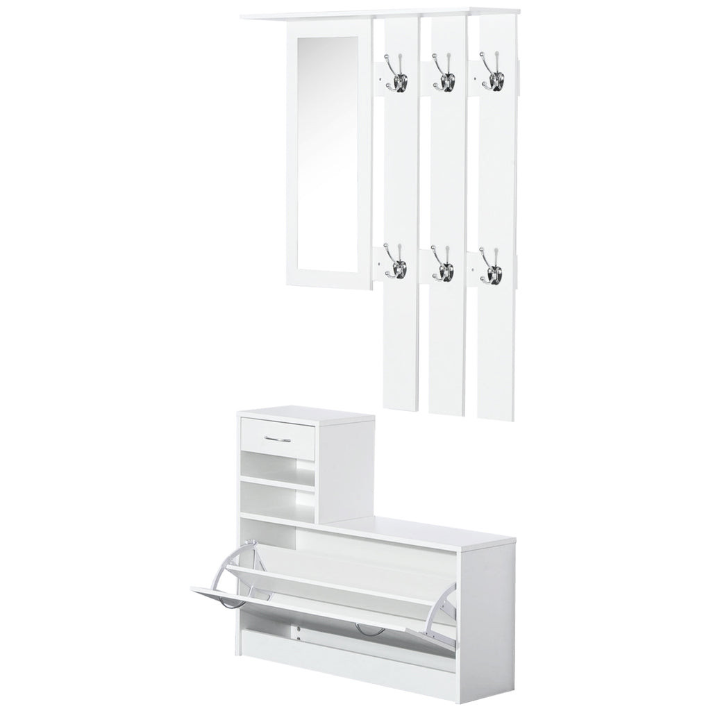 Móvel Cabide de Entrada de 3 Peças Armário de Entrada com Cabide Espelho Sapateira e Gaveta 90x10x102 cm Branco — foto 1