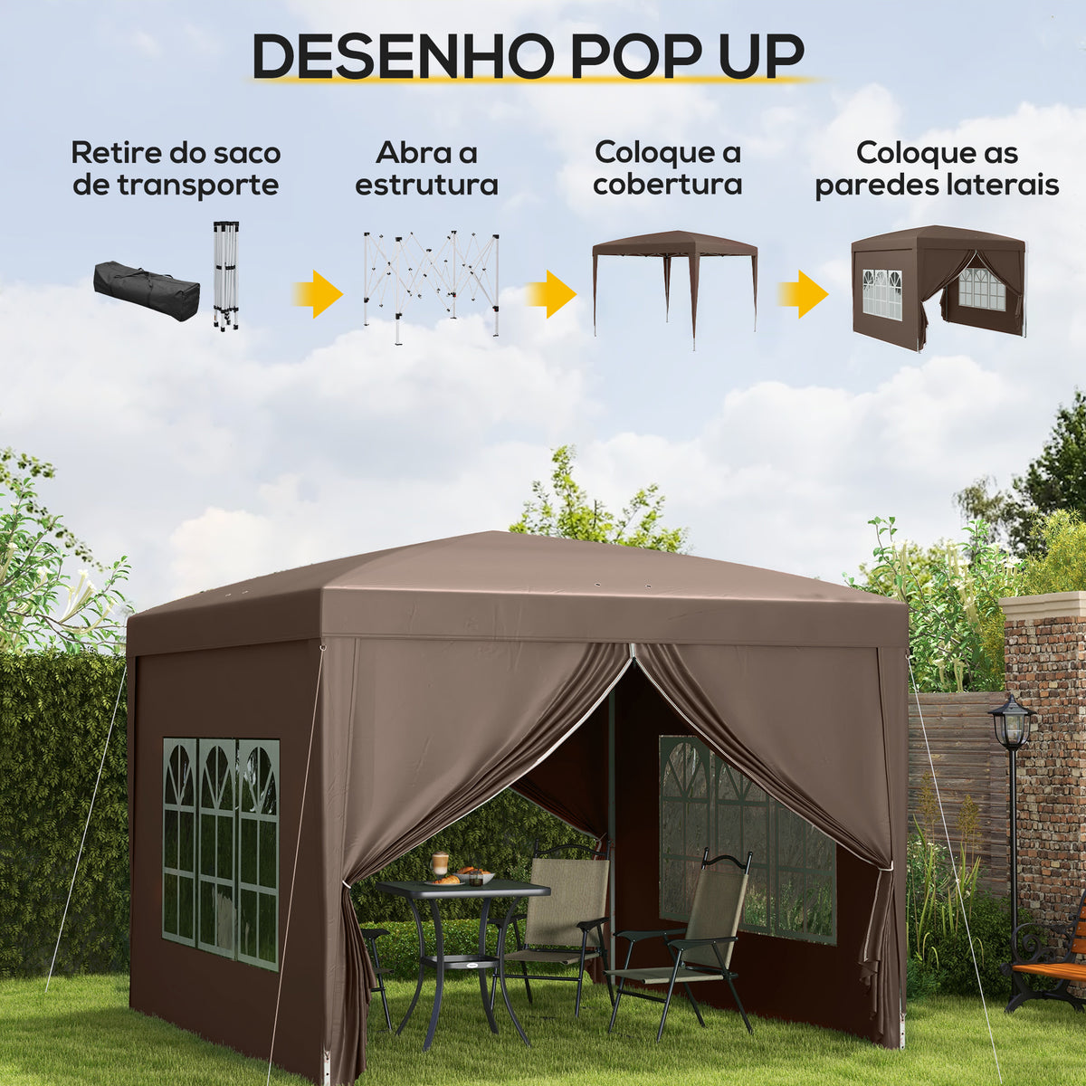 Tenda de Jardim com Paredes Laterais Amovíveis Janelas Porta com Fecho de Correr e Bolsa de Transporte 295x295x196-258 cm Café — foto 4