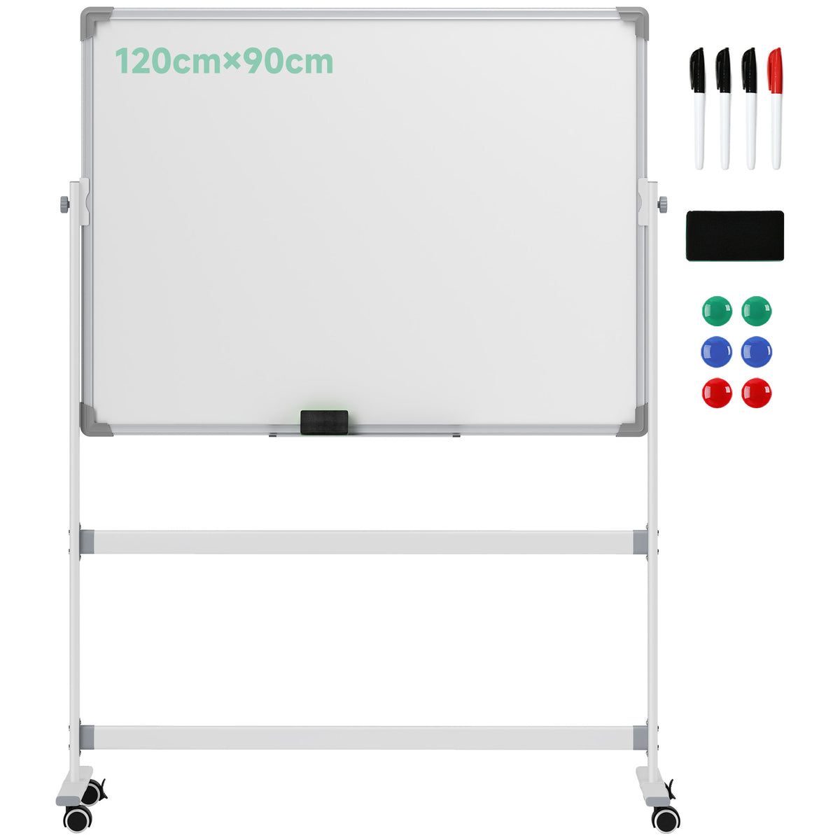 Quadro Magnético de Dupla Face 120x90 cm Quadro Branco Giratório com Suporte Ímanes Marcadores e Apagador para Escritório Sala de Aula Branco — foto 1