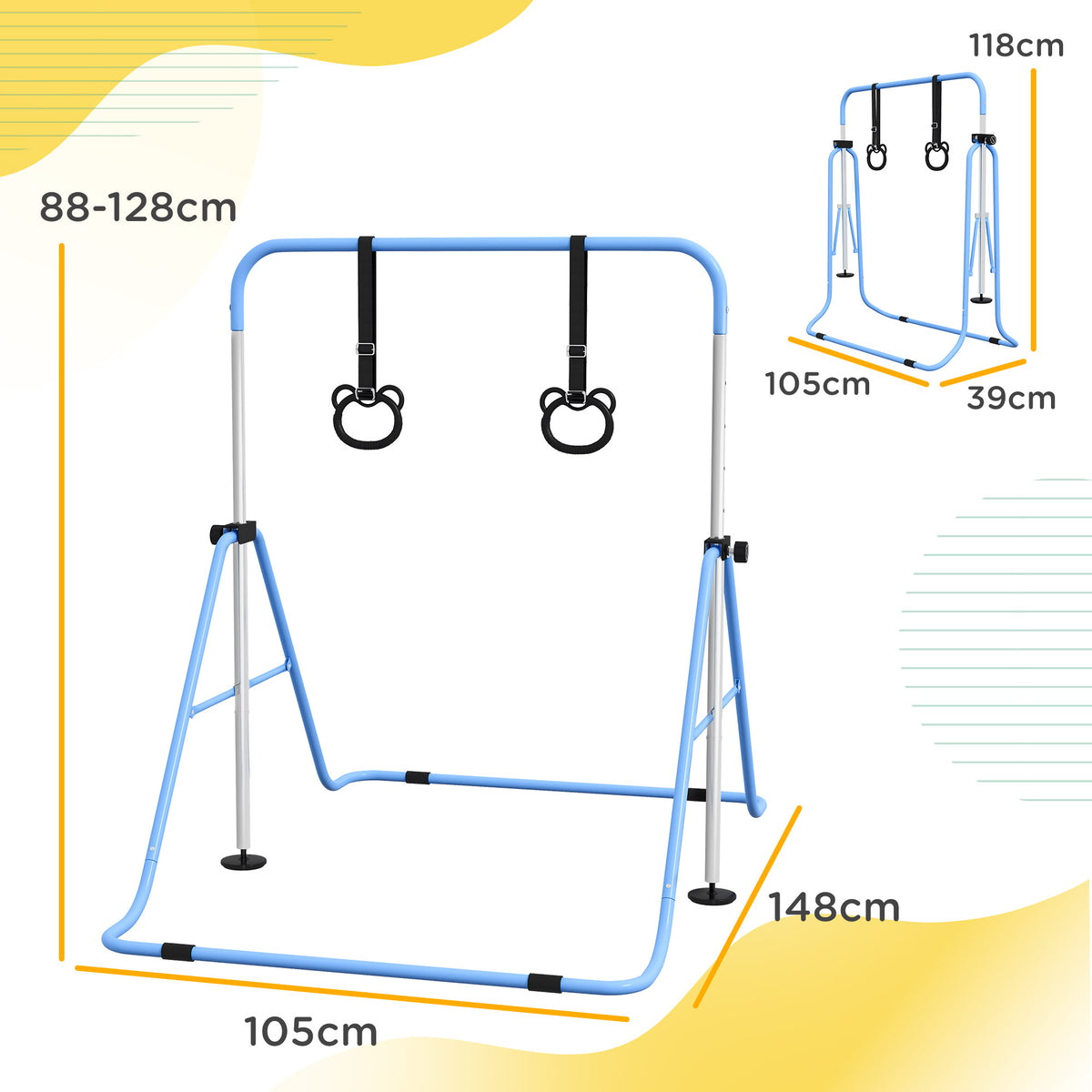 Barra de Ginástica para Crianças com Altura Ajustável em 5 Níveis e Anéis Barra de Treino de Ginástica Dobrável 148x105x88-128 cm Azul — foto 3
